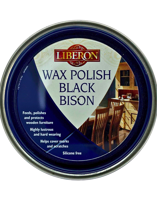 A can of Liberon Black Bison Wax Polish and the text highlighting the product's features such as feeding, polishing, and protecting wood.