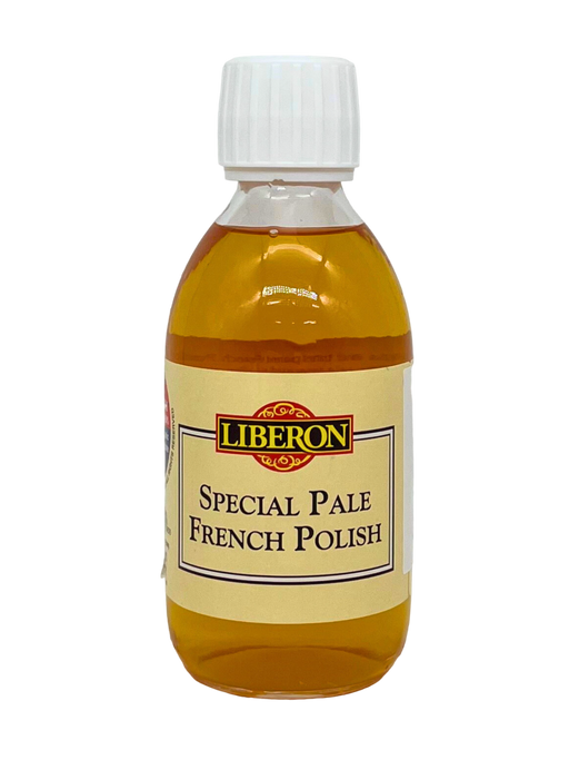A bottle of Liberon Special Pale French Polish, a clear liquid wood finish.
