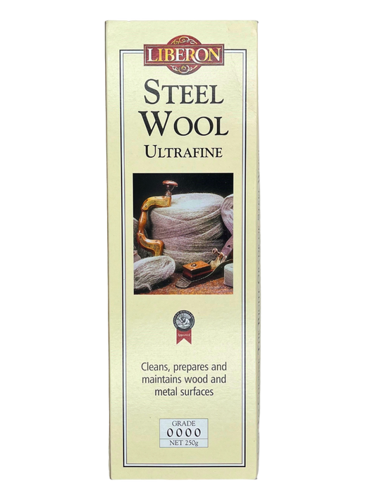 A pack of Liberon Steel Wool indicating the product is used for cleaning and maintaining wood and metal surfaces.