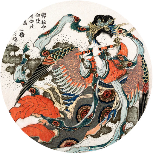 Traditional Japanese artwork with a person playing a flute and a phoenix, featuring intricate details and vibrant colors.