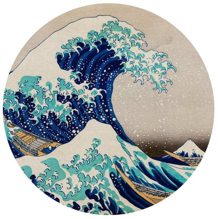 Circular artwork of a large wave with Mount Fuji in the background