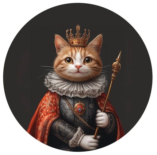 Cat in regal attire with a crown and staff on a dark background