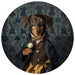 Dog dressed in a formal outfit with a bow tie and holding a pocket watch against a decorative dark background