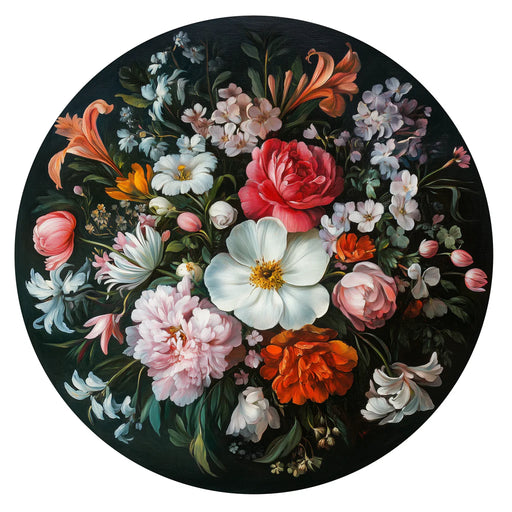 Circular painting of vibrant flowers on a dark background