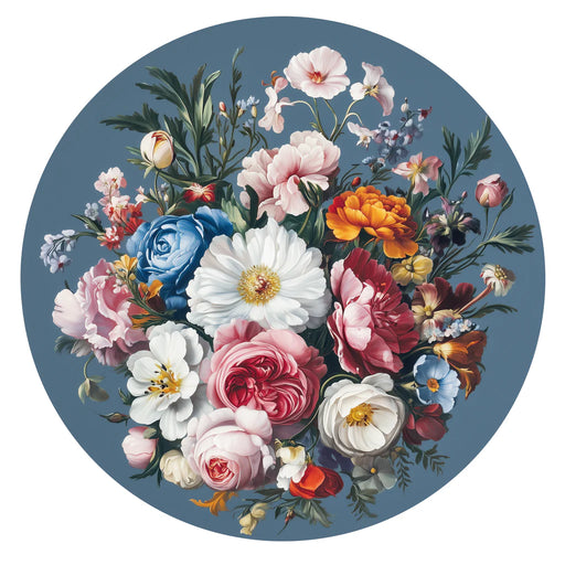 Circular arrangement of colorful flowers on a blue background