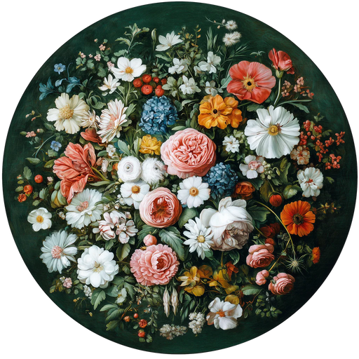 Circular arrangement of colorful flowers on a dark green background