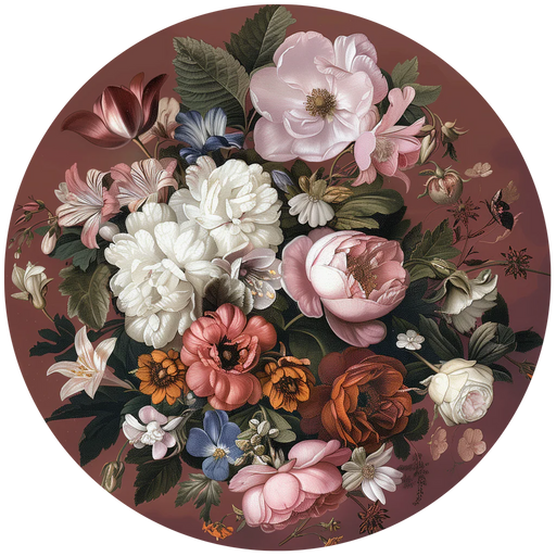 Circular arrangement of colorful flowers on a dark background