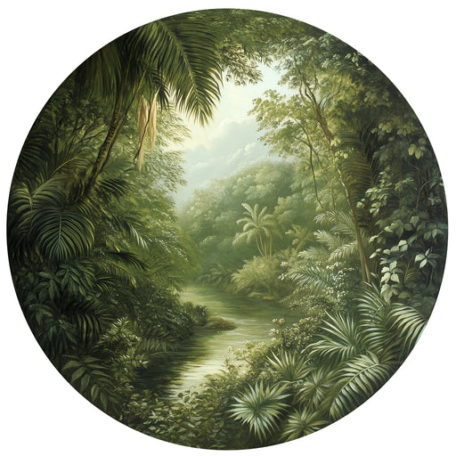 Round painting of a lush tropical forest with a stream