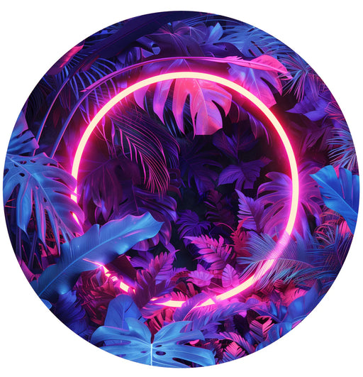 Neon ring light surrounded by tropical leaves on a white background