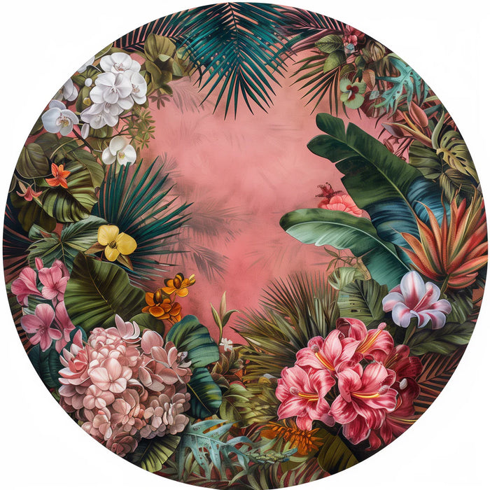 Round decorative item with tropical floral and leaf design on a pink background