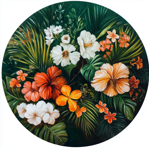 Circular painting of tropical flowers and leaves with a focus on oranges, reds, and whites.