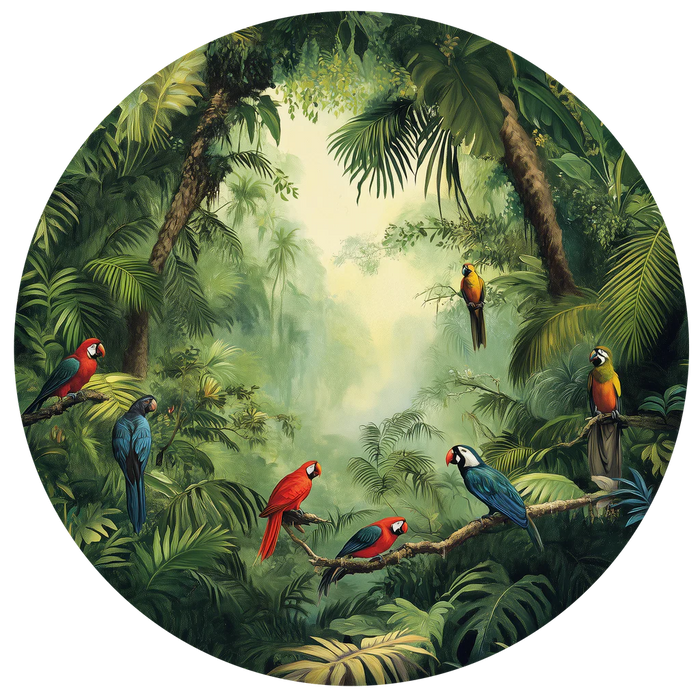 Circular painting of a tropical forest with colorful parrots.