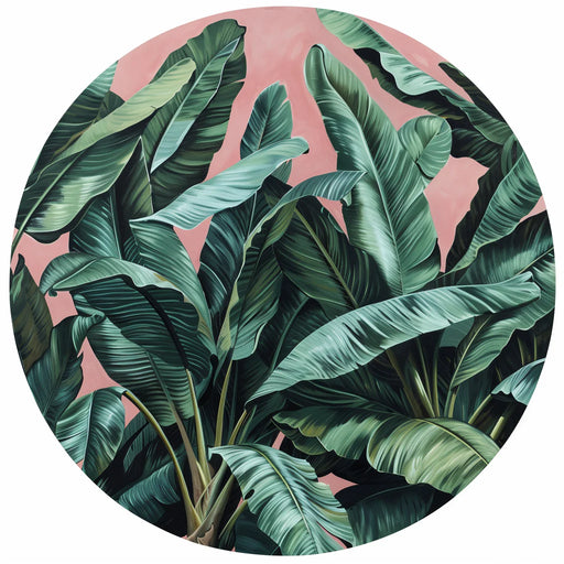 Circular rug with green leaf pattern on a pink background