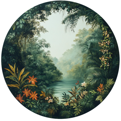 Round painting of a lush tropical forest with a river
