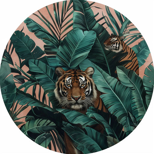 Tiger peeking out from behind tropical leaves with a pinkish-brown background