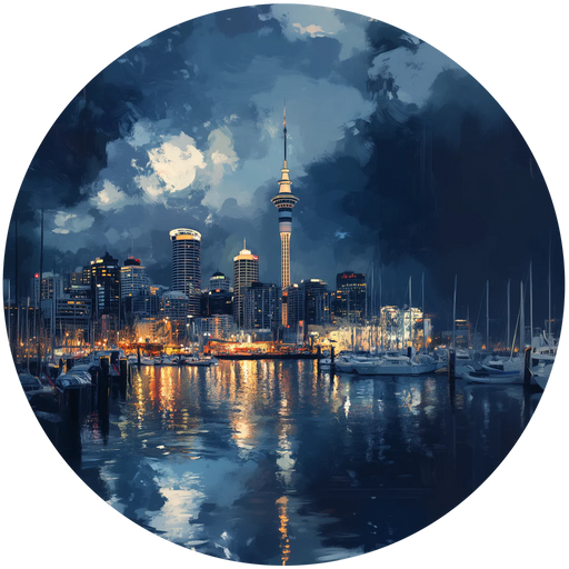 City skyline with a prominent tower at night, reflected in water