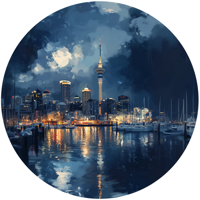 City skyline with a prominent tower at night, reflected in water