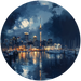 City skyline with a prominent tower at night, reflected in water