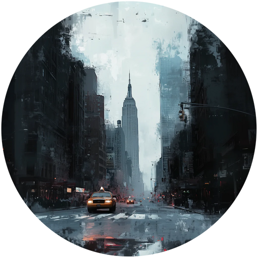 City street scene with tall buildings and a taxi, artistic filter applied