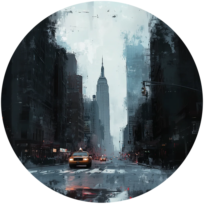 City street scene with tall buildings and a taxi, artistic filter applied