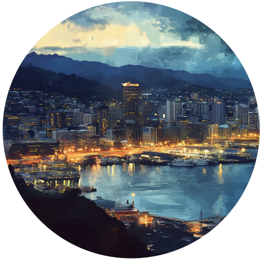 Wellington cityscape at night with illuminated buildings and mountains in the background