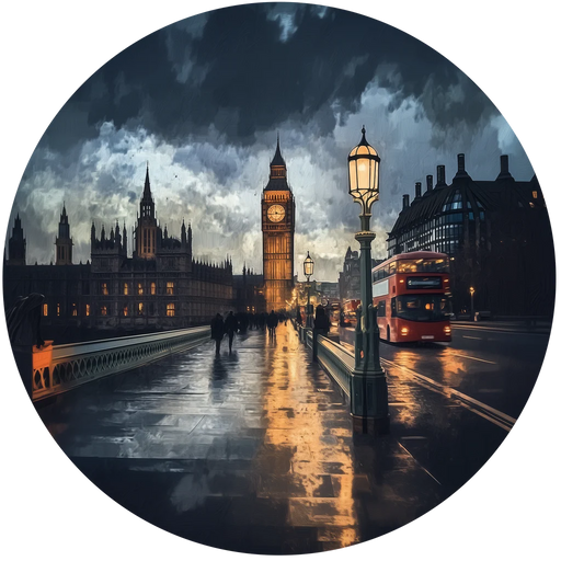 Cityscape with a clock tower, double-decker bus, and street lamp under a dark sky.