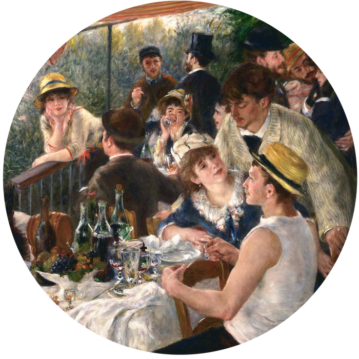 Painting of a lively outdoor gathering with people around a table.