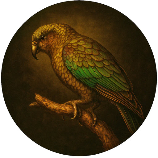 Artistic depiction of a parrot on a branch with a dark background