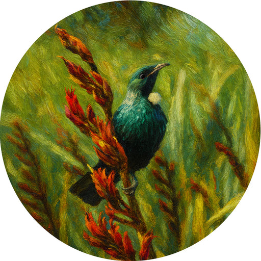 Painting of a blue bird perched on a branch with red flowers and green foliage.