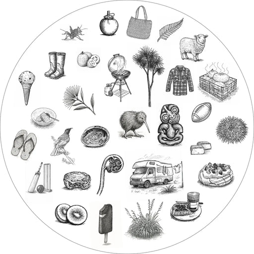 Circular diagram with various black and white kiwiana illustrations of items.