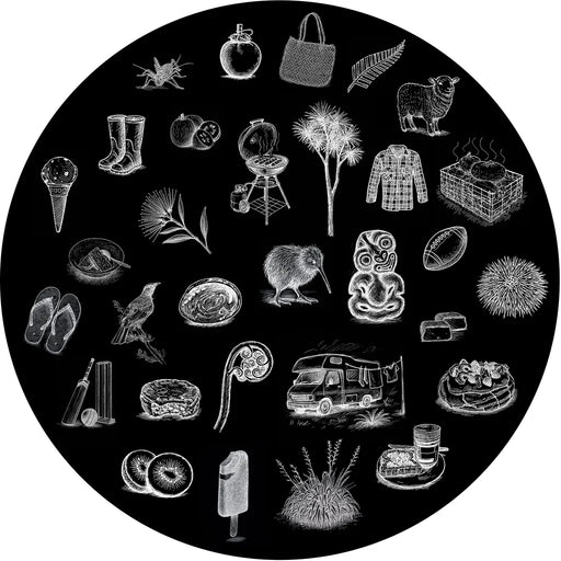 Circular design with various black and white kiwiana illustrations on a black background