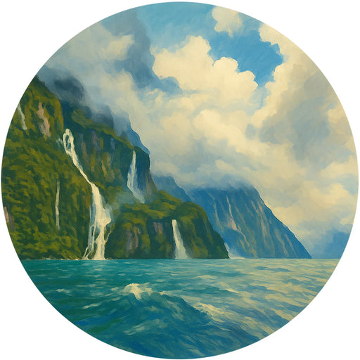 Circular painting of a mountainous landscape with waterfalls and blue sky.