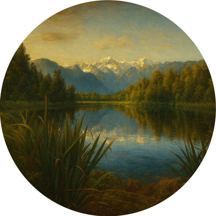 Circular painting of a serene landscape with a lake, trees, and mountains.