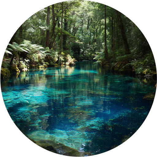 Circular image of a clear blue river in a forest