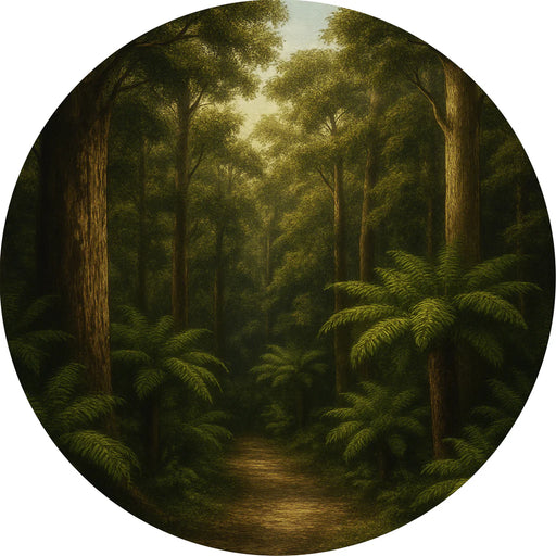 Circular painting of Milford Track with a path leading deeper into the woods.