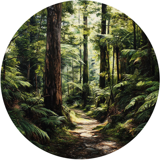 Circular painting of a lush forest with a path