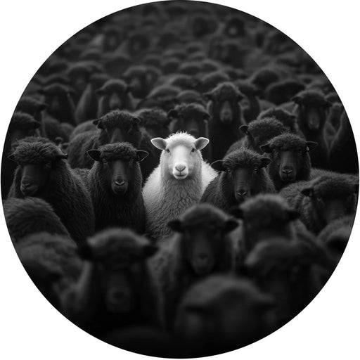 White sheep standing out among black sheep