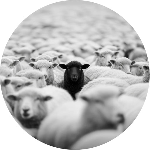 Black sheep among white sheep in a field