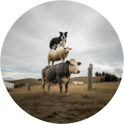 Dog standing on a cow with a sheep on its back in a field