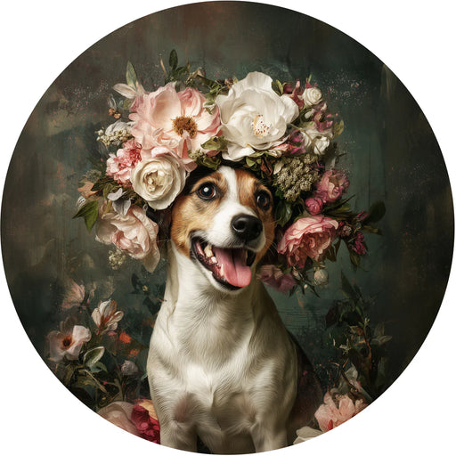 Dog with a floral wreath on its head against a dark background
