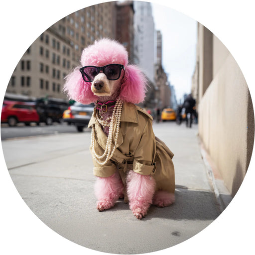 Dog with pink fur and sunglasses standing on a city street