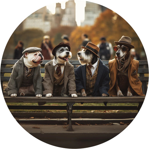 Four dogs in costumes sitting on a bench with a cityscape background