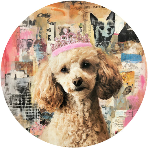 Collage-style image of a dog wearing a pink tiara with a colorful abstract background.