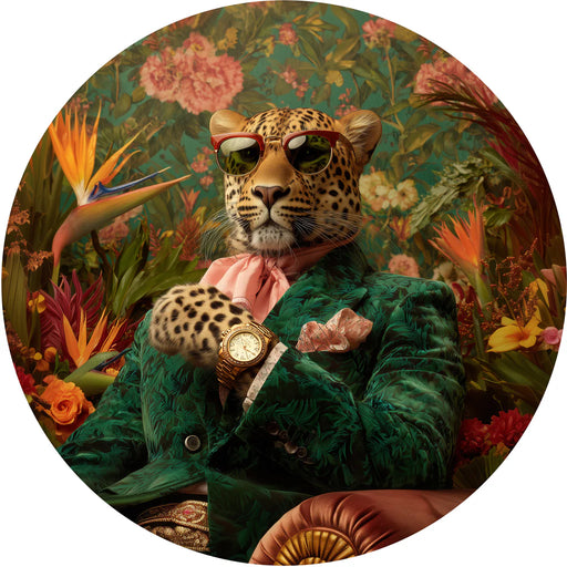 Leopard in a stylish outfit with sunglasses and a watch, surrounded by tropical plants.