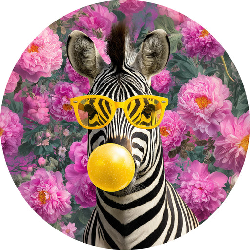 Zebra wearing sunglasses and a yellow ball in front of pink flowers