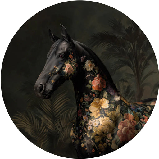Horse with floral patterns against a dark background