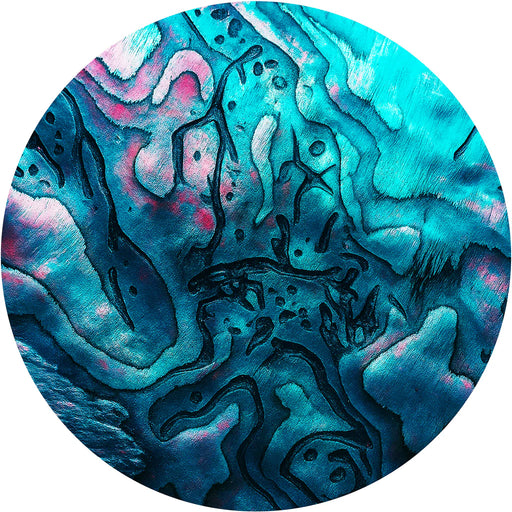 Circular image of paua with a textured blue and pink pattern
