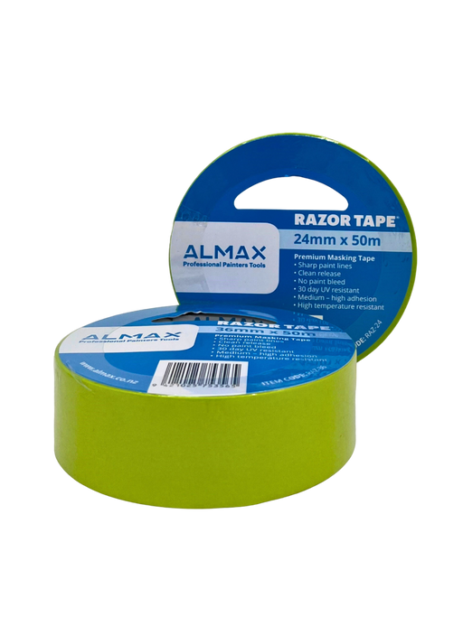 Two rolls of ALMAX Razor Tape, 24mm and 36mm in a bright lime green color.
