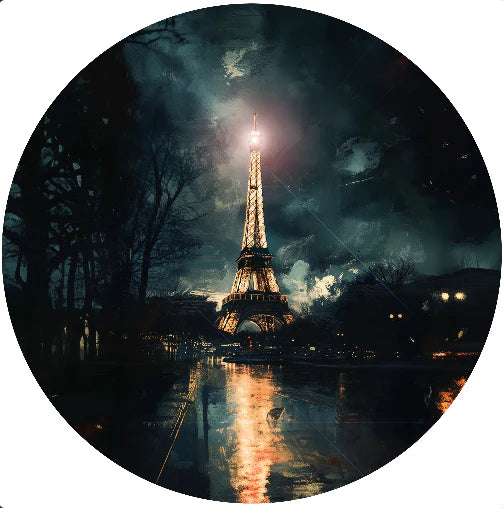 Eiffel Tower at night with a dark, moody atmosphere