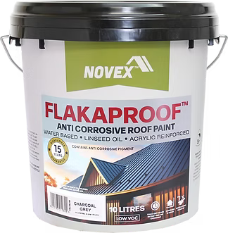 A 10 litre bucket of Novex Flakaproof Anti Corrosive Roof Paint in Charcoal Grey.
